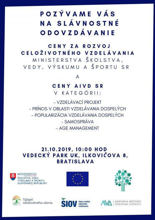 Slávnostné odovzdávanie ceny MŠVV a Š SR a Ceny Asociácie inštitúcií vzdelávania dospelých v SR